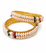 Pearl bangle with ruby and emerald beads, gold-toned, traditional style,