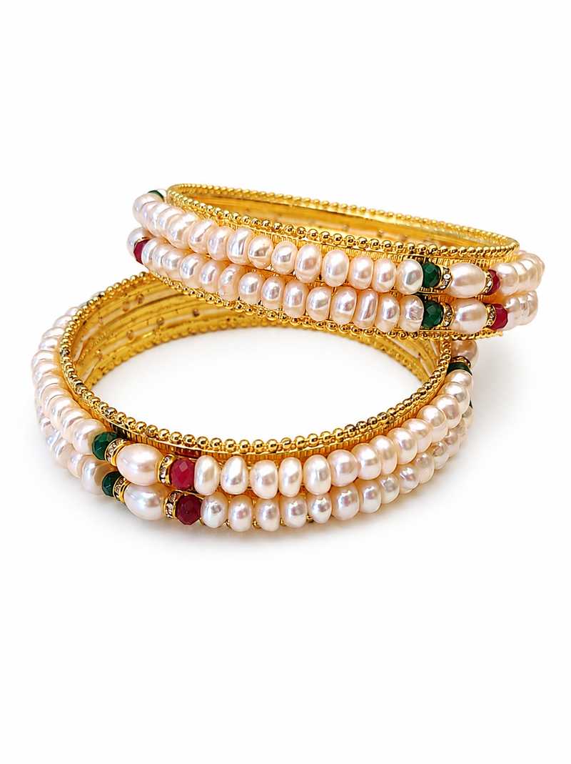 Pearl bangle with ruby and emerald beads, gold-toned, traditional style,