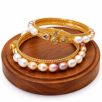 Pearl bangle set, gold-toned, openable, kundan embellished 2