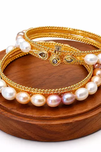 Pearl bangle set, gold-toned, openable, kundan embellished