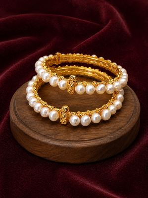 Pearl bangle set, gold-toned, openable, traditional style,  2