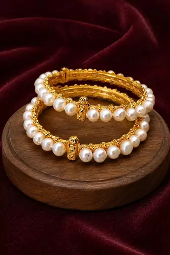 Pearl bangle set, gold-toned, openable, traditional style, 