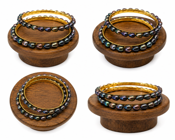 Pearl bangle set, dark iridescent freshwater pearls, gold-tone base 3