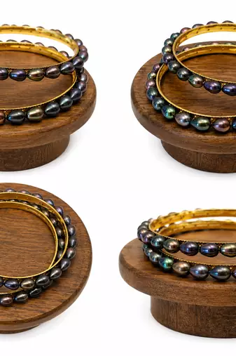 Pearl bangle set, dark iridescent freshwater pearls, gold-tone base
