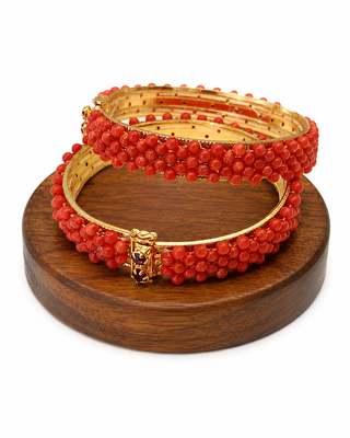 Coral beaded bangle set, red and gold tone, openable, 2