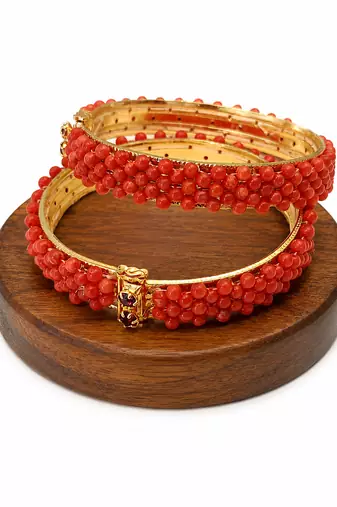 Coral beaded bangle set, red and gold tone, openable,