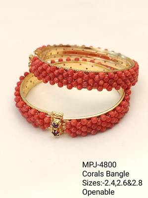 Coral beaded bangle set, red and gold tone, openable, 3