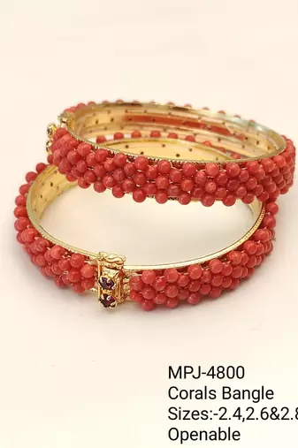 Coral beaded bangle set, red and gold tone, openable,