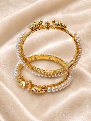 Pearl bangle set, gold-plated, white pearls, elephant motif, 3
