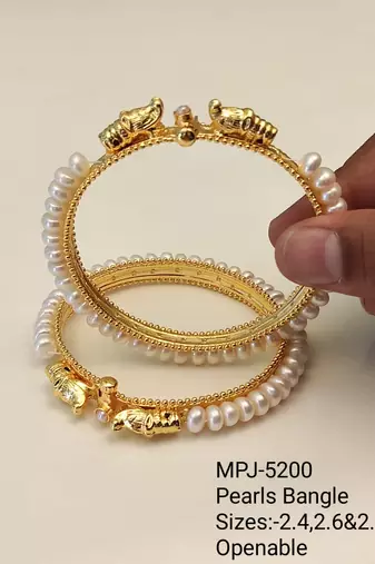 Pearl bangle set, gold-plated, white pearls, elephant motif,