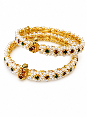 Pearl bangle with red and green stone accents, gold-toned, openable,  1
