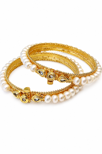 Pearl bangle set with kundan work, gold-toned, openable, 