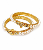 Pearl bangle set with kundan work, gold-toned, openable, 