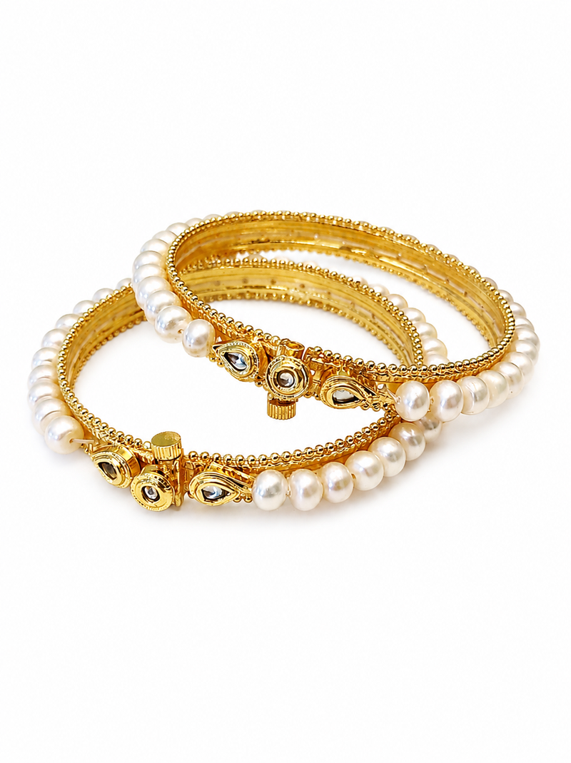 Pearl bangle set with kundan work, gold-toned, openable, 