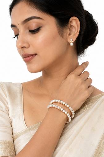 Pearl bangle, gold-toned, white, set of 2,traditional style