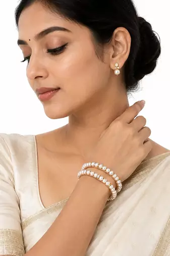 Pearl bangle, gold-toned, white, set of 2,traditional style