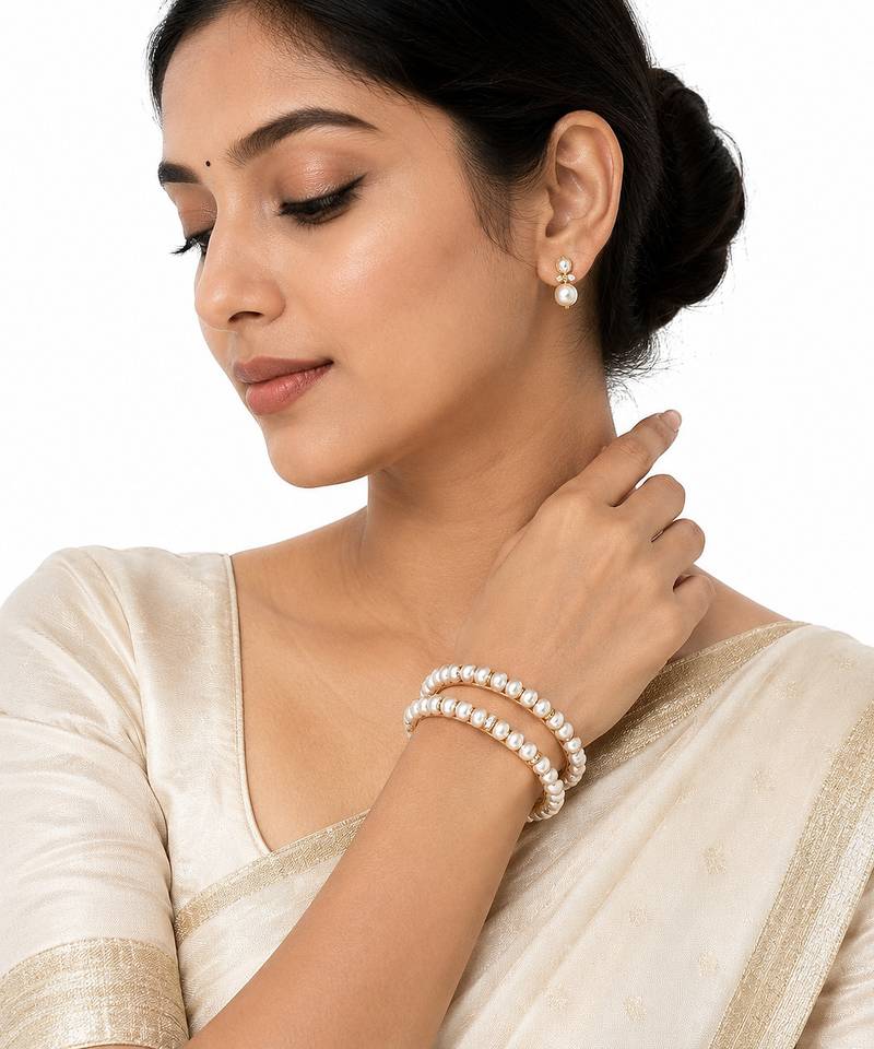 Pearl bangle, gold-toned, white, set of 2,traditional style