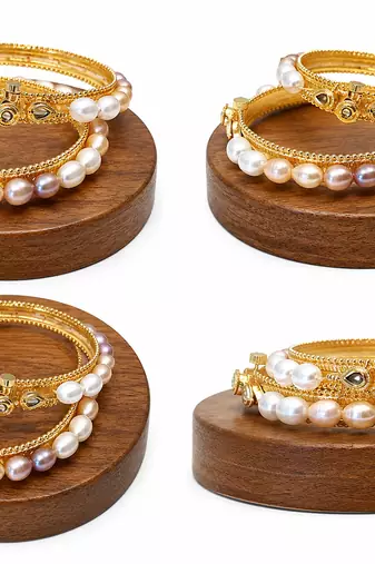 Pearl bangle set, gold-toned, openable, kundan embellished