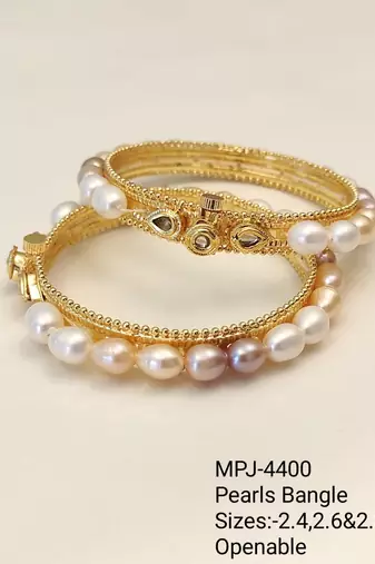 Pearl bangle set, gold-toned, openable, kundan embellished