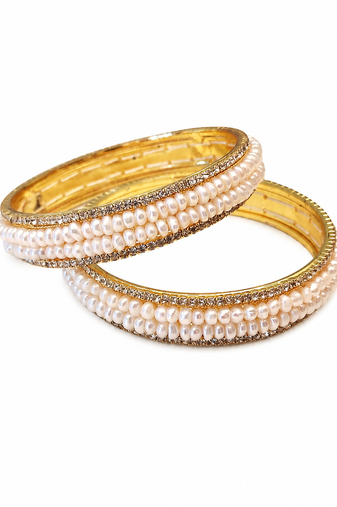 Pearl bangle set, gold-toned, white pearls with rhinestone border, sizes 