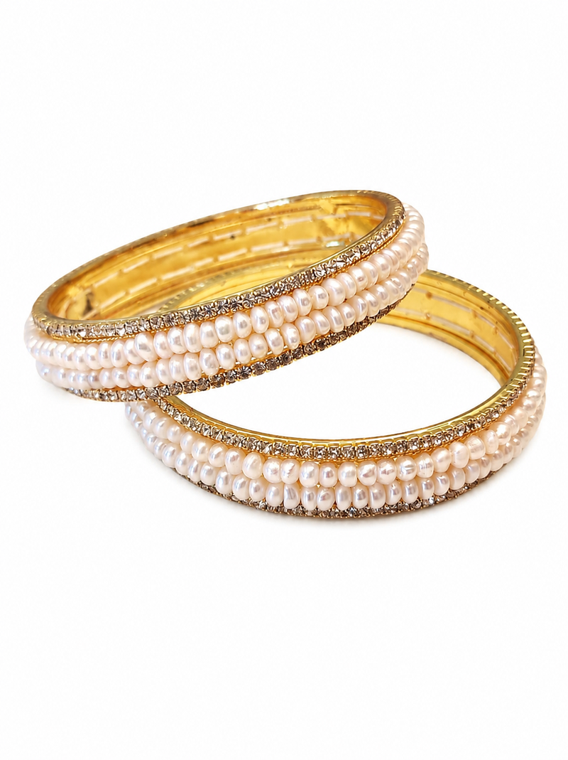 Pearl bangle set, gold-toned, white pearls with rhinestone border, sizes 