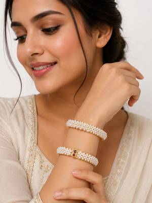 Pearl bangle set with red stone accents, gold-toned, openable,  2