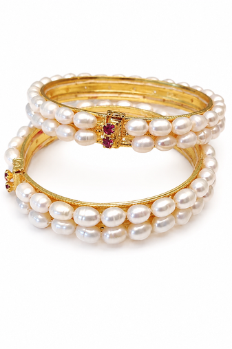 Pearl bangle with ruby accent, gold-toned, double row, openable,