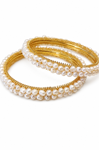 Pearl bangle set, gold-toned, white freshwater pearls, traditional style,