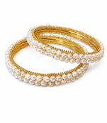 Pearl bangle set, gold-toned, white freshwater pearls, traditional style,