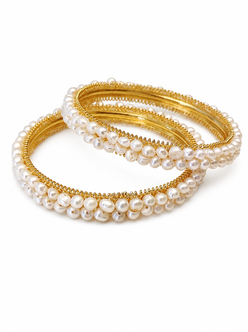 Pearl bangle set, gold-toned, white freshwater pearls, traditional style,