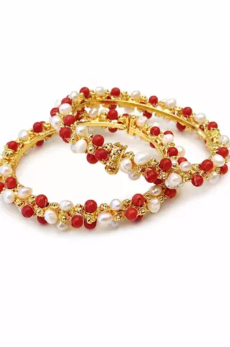 Pearl and coral bead bangles, gold-toned, openable, traditional indian jewellery, set of 2,