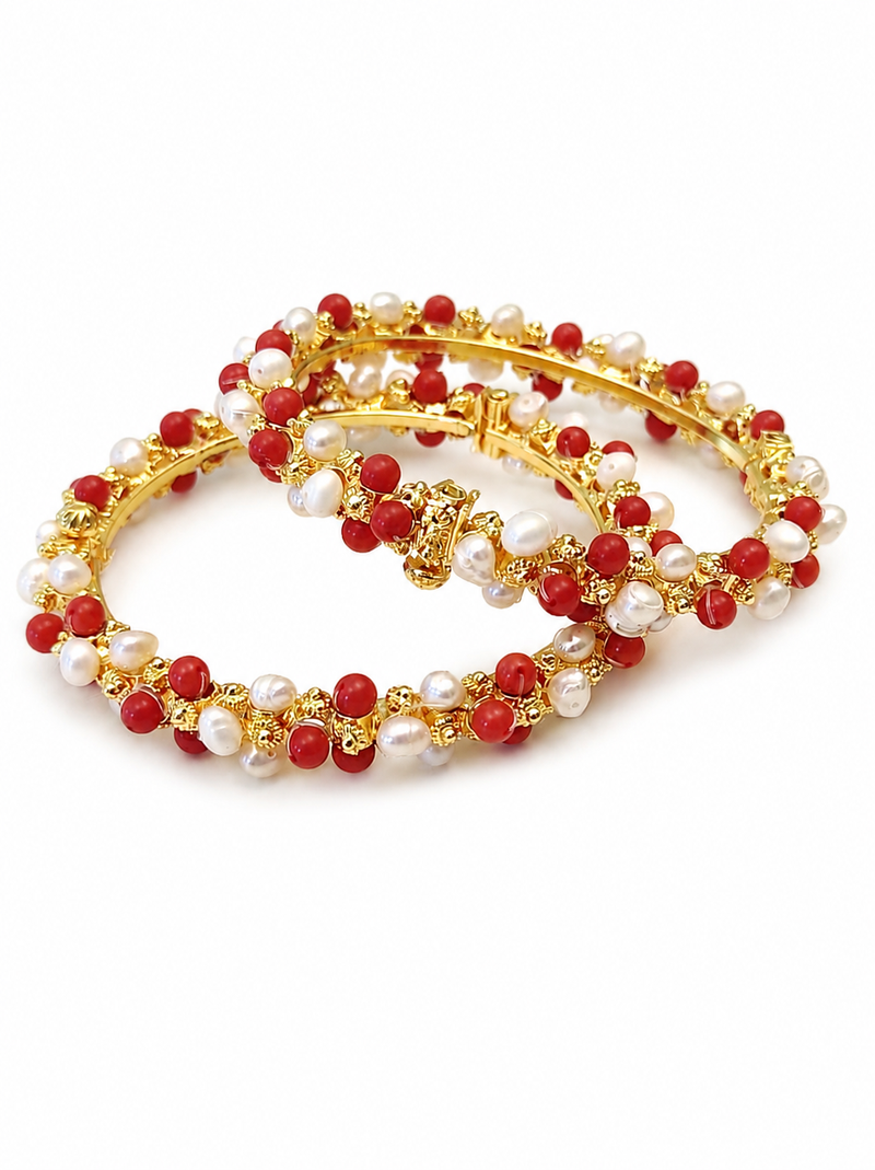 Pearl and coral bead bangles, gold-toned, openable, traditional indian jewellery, set of 2,