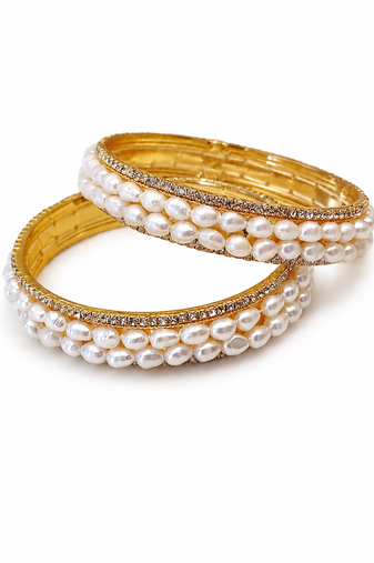 Pearl bangle set, white, gold-toned, double row pearl with rhinestone border,