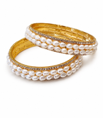 Pearl bangle set, white, gold-toned, double row pearl with rhinestone border,