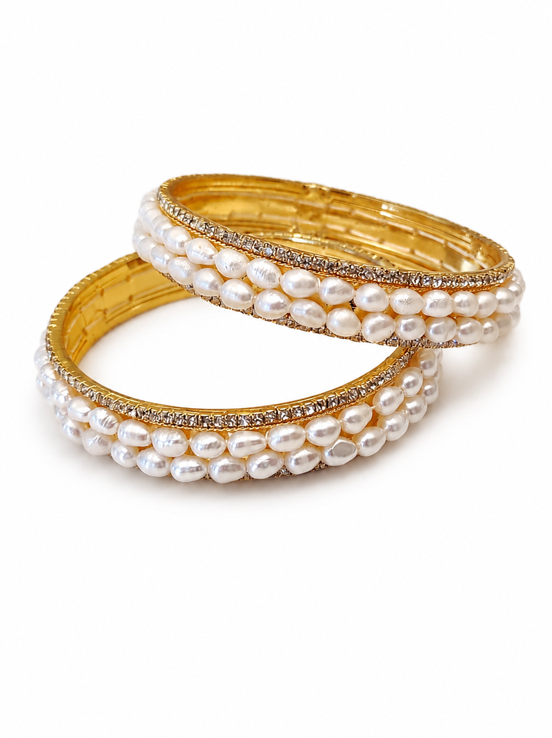 Pearl bangle set, white, gold-toned, double row pearl with rhinestone border,