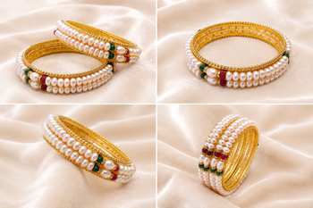 Pearl bangle with ruby and emerald beads, gold-toned, traditional style, 2