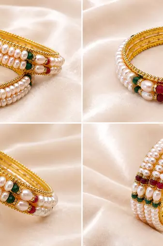 Pearl bangle with ruby and emerald beads, gold-toned, traditional style,