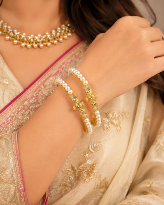 Pearl bangle set with kundan work, gold-toned, openable,  2
