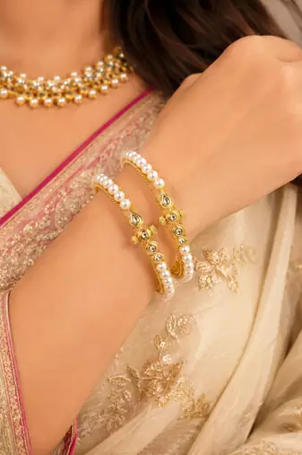 Pearl bangle set with kundan work, gold-toned, openable, 