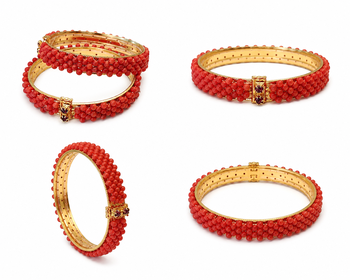 Coral beaded bangle set, red and gold tone, openable, 4