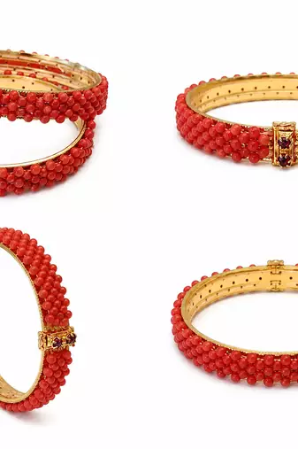 Coral beaded bangle set, red and gold tone, openable,
