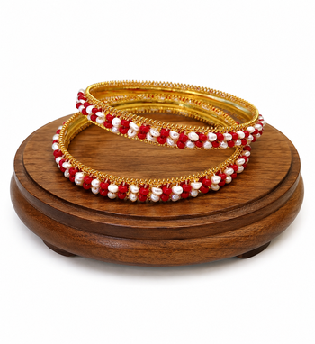 Pearl & red beaded gold-tone bangles, traditional indian jewellery, 3