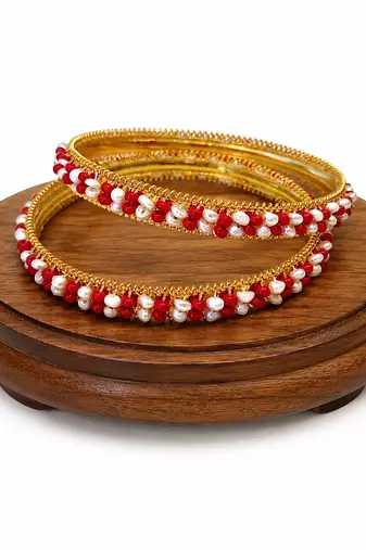 Pearl & red beaded gold-tone bangles, traditional indian jewellery,