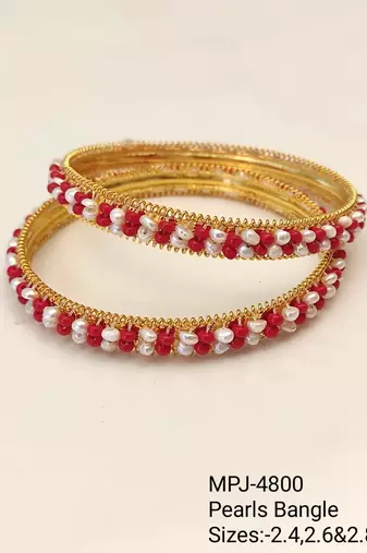 Pearl & red beaded gold-tone bangles, traditional indian jewellery,