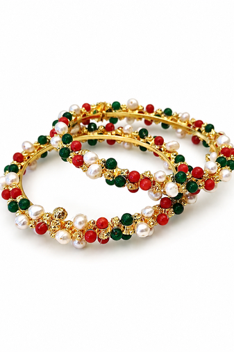Pearl, red and green beaded gold-toned bangles, traditional indian style, openable, set of 2