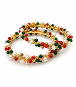 Pearl, red and green beaded gold-toned bangles, traditional indian style, openable, set of 2