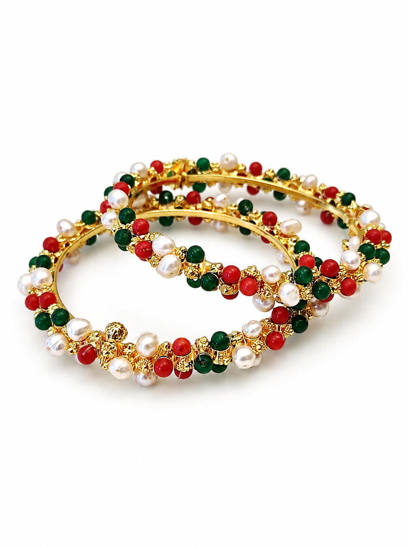 Pearl, red and green beaded gold-toned bangles, traditional indian style, openable, set of 2
