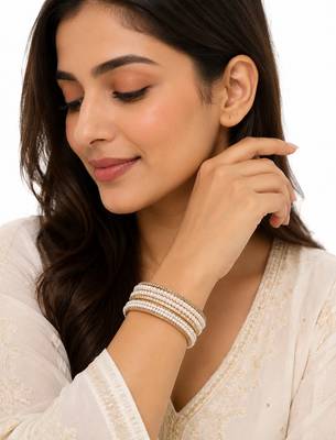 Pearl bangle set, gold-toned, white pearls with rhinestone border, sizes  2