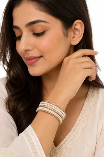 Pearl bangle set, gold-toned, white pearls with rhinestone border, sizes 