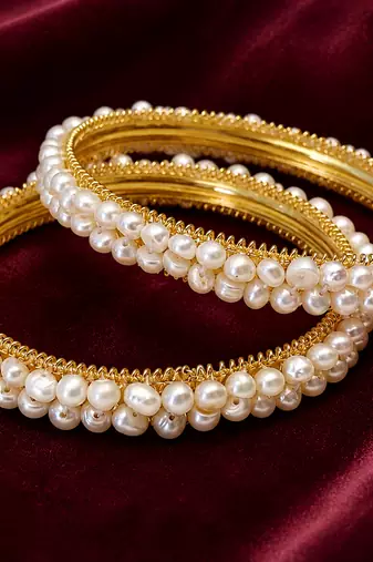 Pearl bangle set, gold-toned, white freshwater pearls, traditional style,